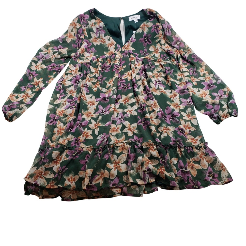 Gilli Womens Green Floral‎ Chiffon Babydoll Mini Dress Long Sleeve L NWT AD3391